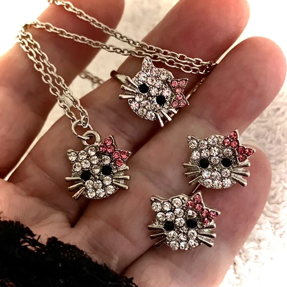 HELLO KITTY RING EARRINGS NECKLACE JEWELRY SET